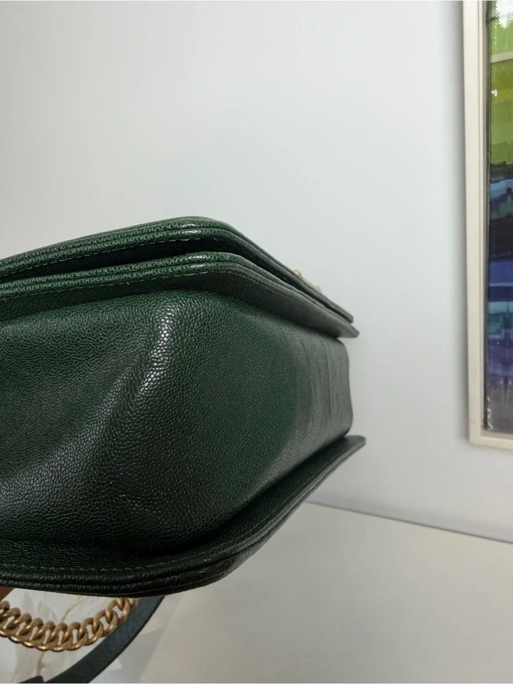 CHANEL Forest Green Chevron Boy Shoulder Bag with Gold Hardware